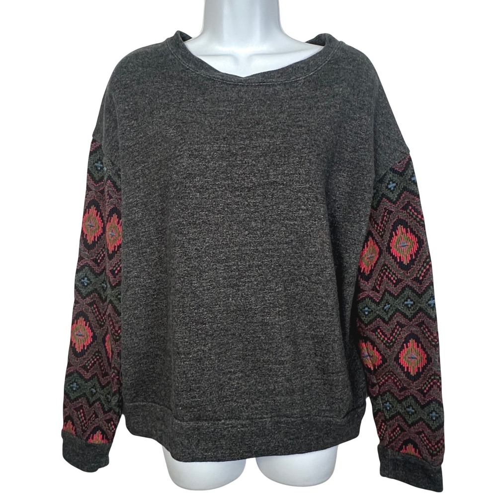 Miss Me Vintage Charcoal Gray Southwestern Embroidered Sleeve Sweatshirt VT110 M